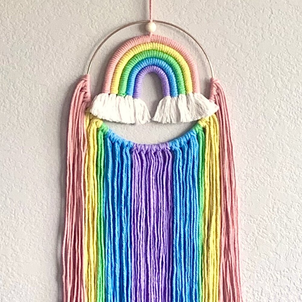 Vibrant Woven Moving Rainbow in Hoop Wall Hanging Nursery Children's Room Decor